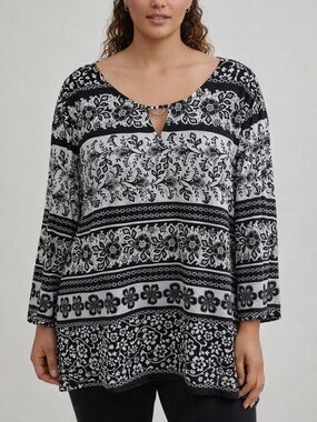 NWT Allison Daley Plus Black White Printed Top 3/4 Sleeve Stretch Tunic Top 3X